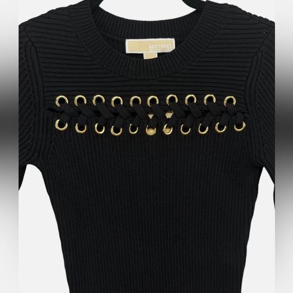 MICHAEL KORS black chunky knit sweater dress long sleeves gold hardware medium - Picture 2 of 6